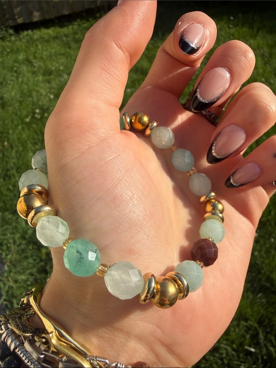 Veil Jewelry - Designer #3 Amazonite Faceted Stretch Bracelet with Gold stainless steel accents